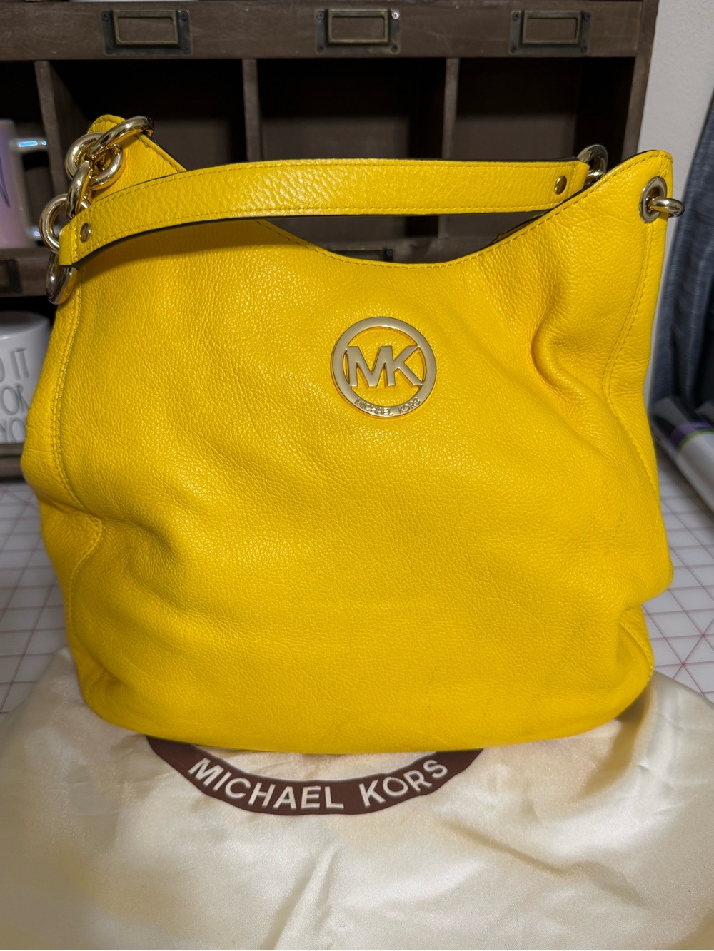 Michael Kors Yellow Leather Shoulder Hobo with Gold MK Logo